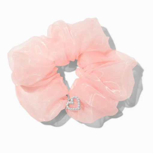 Light Pink Organza Heart Charm Hair Scrunchie