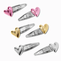Metallic Puffy Heart Snap Hair Clips - 6 Pack