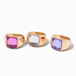 Mixed Crystal Square Cabo Gold-tone Rings - 3 Pack