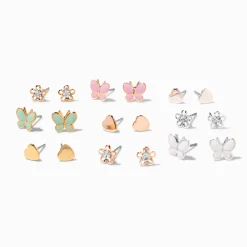 Mixed Metal Butterfly & Flower Stud Earrings - 9 Pack
