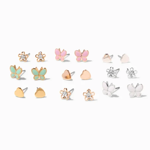 Mixed Metal Butterfly & Flower Stud Earrings - 9 Pack