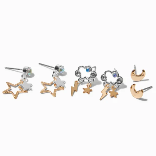 Mixed Metal Celestial Earring Set - 3 Pack