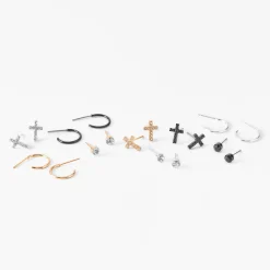 Mixed Metal Crystal Cross Earrings Set - 9 Pack