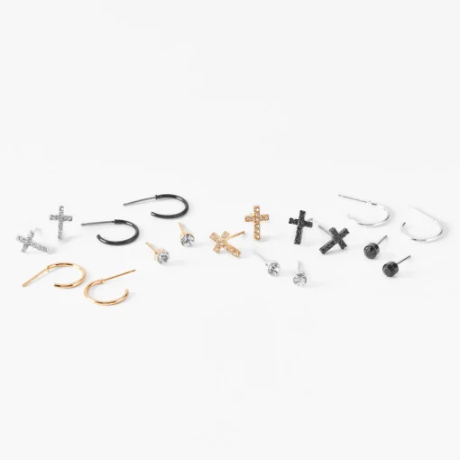 Mixed Metal Crystal Cross Earrings Set - 9 Pack