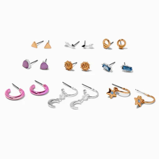 Mixed Metal Crystal Earrings Set - 9 Pack