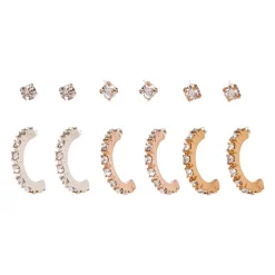 Mixed Metal Crystal Hoop & Stud Earrings - 6 Pack