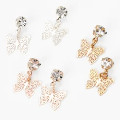 Mixed Metal Filigree Butterfly 0.5" Drop Earrings - 3 Pack