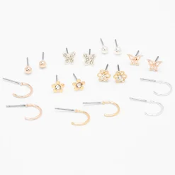 Mixed Metal Flower Butterfly Earrings - 9 Pack