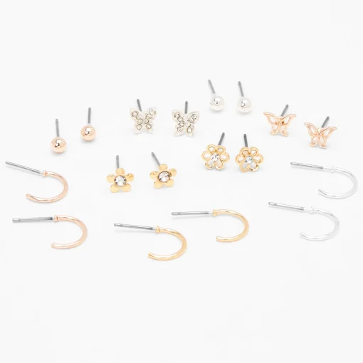 Mixed Metal Flower Butterfly Earrings - 9 Pack