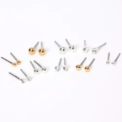 Mixed Metal Graduated Crystal Ball Stud Earrings - 9 Pack