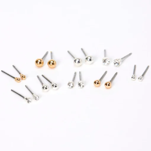 Mixed Metal Graduated Crystal Ball Stud Earrings - 9 Pack