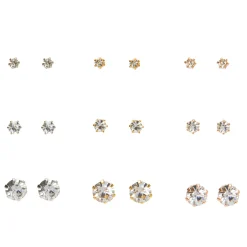 Mixed Metal Graduated Crystal Stud Earrings - 9 Pack