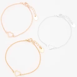 Mixed Metal Heart Cutout Chain Bracelets - 3 Pack