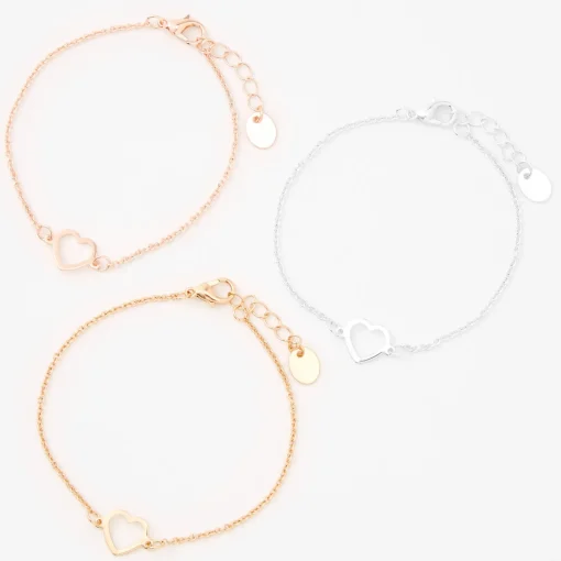 Mixed Metal Heart Cutout Chain Bracelets - 3 Pack