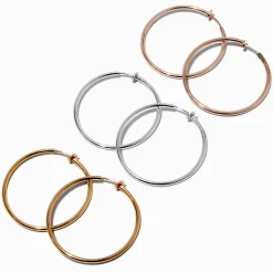 Mixed Metal 40mm Clip-On Hoop Earrings - 3 Pack