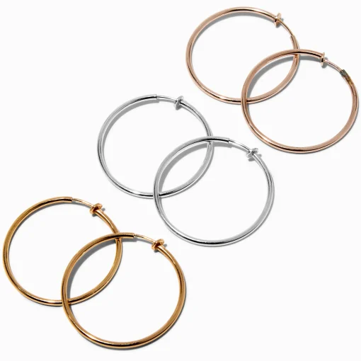 Mixed Metal 40mm Clip-On Hoop Earrings - 3 Pack