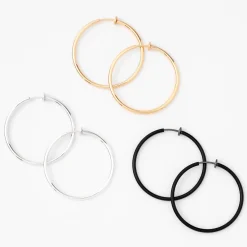 Mixed Metal 40mm Clip-On Hoop Earrings - 3 Pack