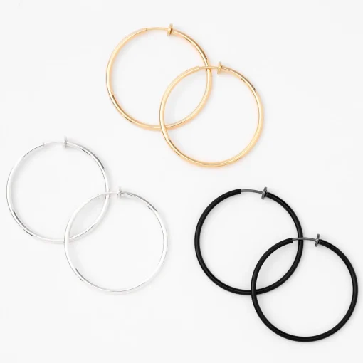 Mixed Metal 40mm Clip-On Hoop Earrings - 3 Pack