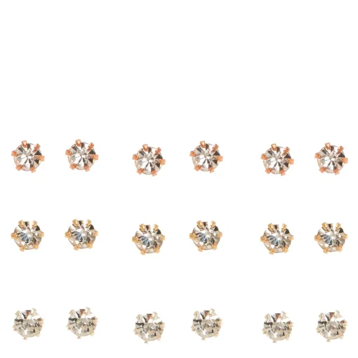 Mixed Metal 3mm Crystal Stud Earrings - 9 Pack