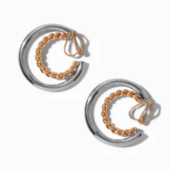 Mixed Metal 15mm Double Clip-On Hoop Earrings