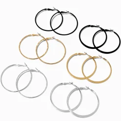 Mixed Metal 50mm Sleek Textured Hoop Earrings - 6 Pack