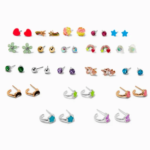 Mixed Metal Neon Stud & Hoops Earrings - 20 Pack