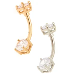 Mixed Metal Stainless Steel Cubic Zirconia 14G Belly Bars - 2 Pack