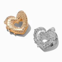 Mixed Metal Textured Heart Hair Claws - 2 Pack