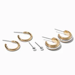 Mixed Metal Textured Stackable Earrings Set - 3 Pack