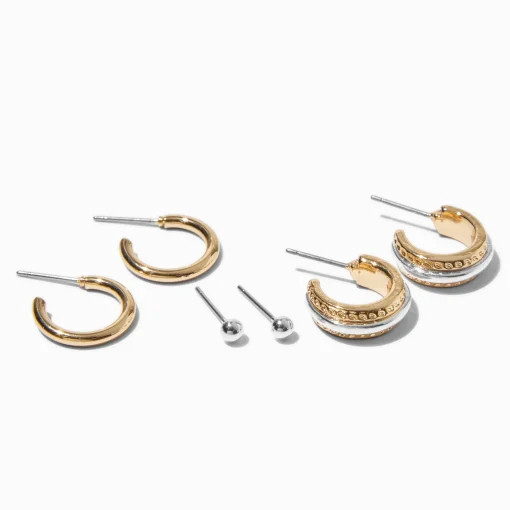 Mixed Metal Textured Stackable Earrings Set - 3 Pack