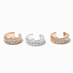 Mixed Metal Thick Embellished Ear Cuffs - 3 Pack