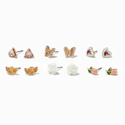 Mixed Pink Rose Stud Earrings - 6 Pack