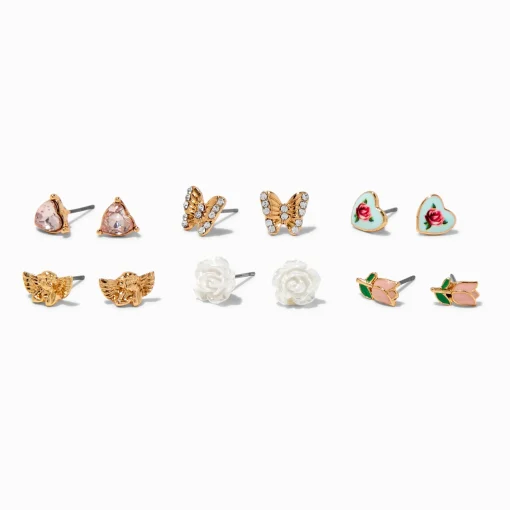 Mixed Pink Rose Stud Earrings - 6 Pack