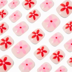 Monochrome Pink Daisy Squoval Vegan Faux Nail Set - 24 Pack