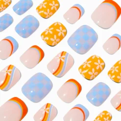 Multi Daisy Check Squoval Vegan Faux Nail Set - 24 Pack