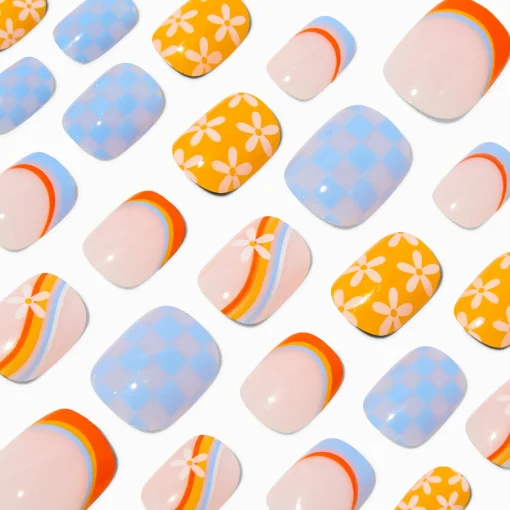 Multi Daisy Check Squoval Vegan Faux Nail Set - 24 Pack