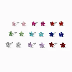 Multicolored Crystal Flower 4mm Stud Earrings - 9 Pack