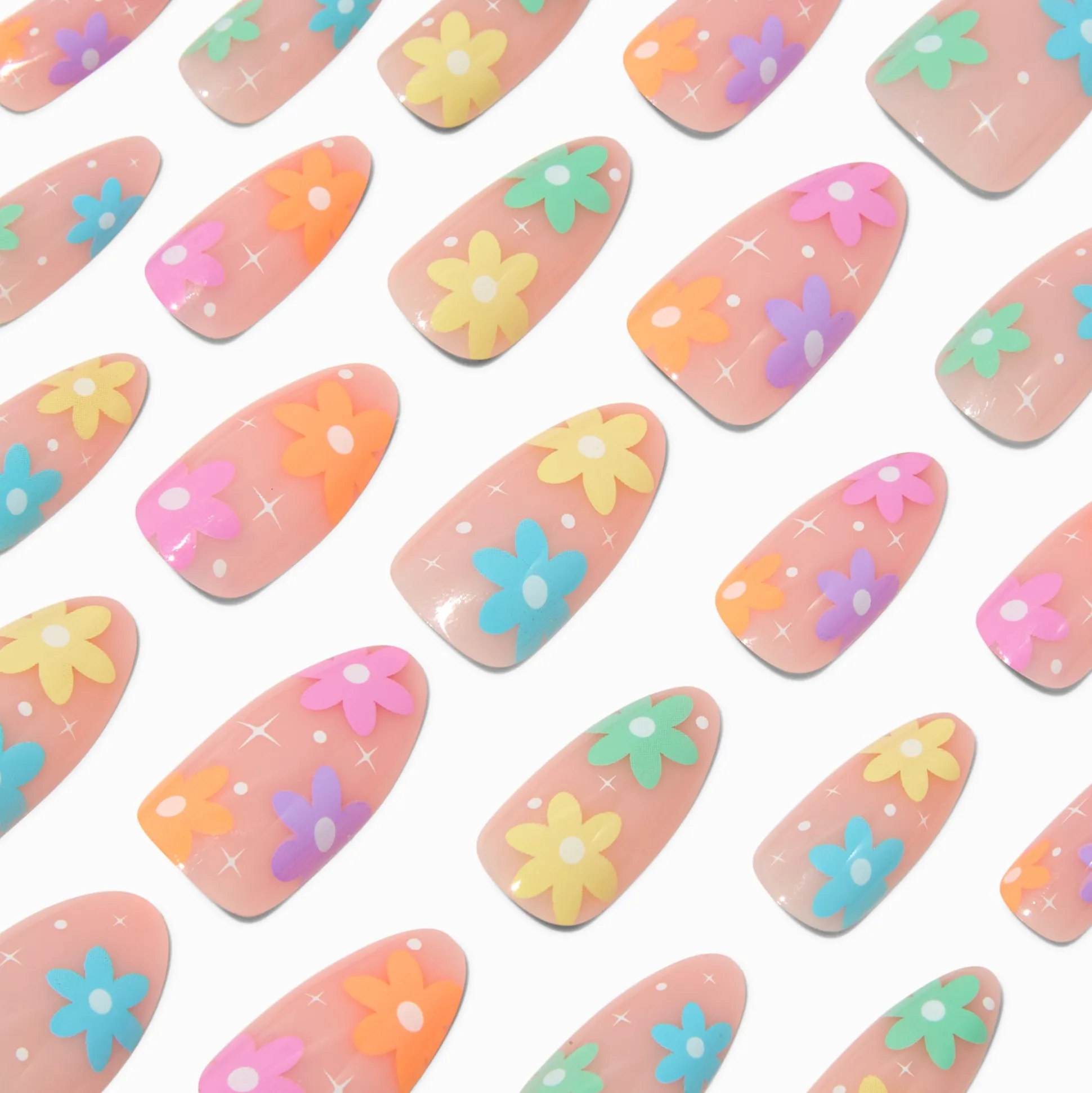 Multicolored Daisy Long Almond Vegan Faux Nail Set - 24 Pack