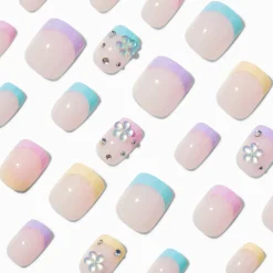 Multicolored French Tip Bling Short Square Vegan Faux Nail Set - 24 Pack