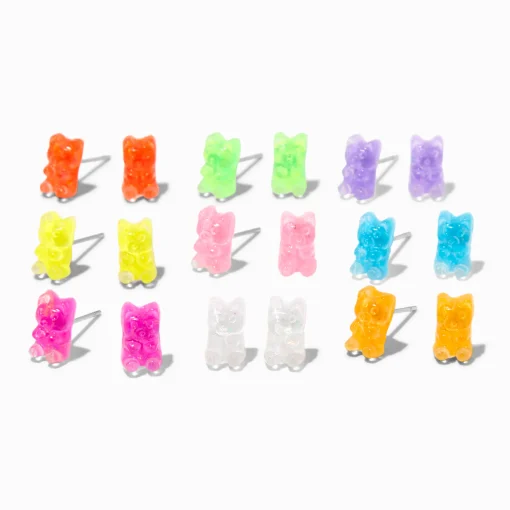 Neon Glow in the Dark Gummy Bears® Stud Earrings - 9 Pack