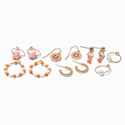 Orange Retro Flower Mixed Hoop & Drop Earrings - 6 Pack