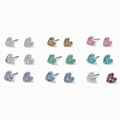 Pastel Crystal Heart Stud Earrings - 9 Pack