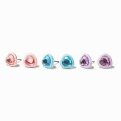 Pastel Gem Heart Stud Earrings - 3 Pack