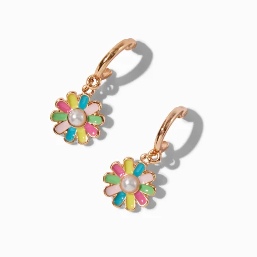 Pastel Pearl Daisy Huggie Hoop Earrings