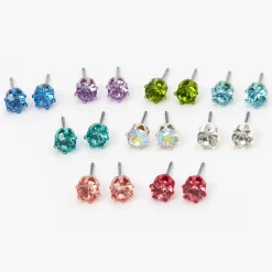 Pastel Rainbow Crystal Round Stud Earrings - 9 Pack