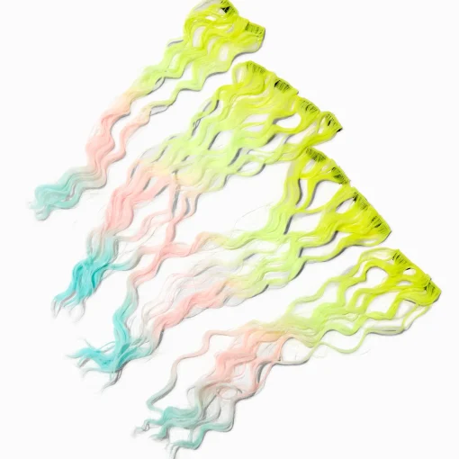 Pastel Rainbow Curly Faux Hair Clip In Extensions - 4 Pack