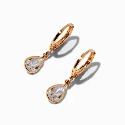 Pear Cubic Zirconia Gold-tone Huggie Hoop Drop Earrings