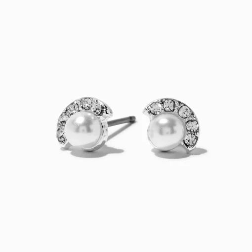 Pearl & Crystal Fan Silver-tone Stud Earrings