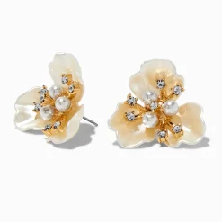 Pearl & Crystal Flower Gold-tone Stud Earrings