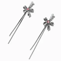 Pearl & Pink Heart Bow Drop Earrings